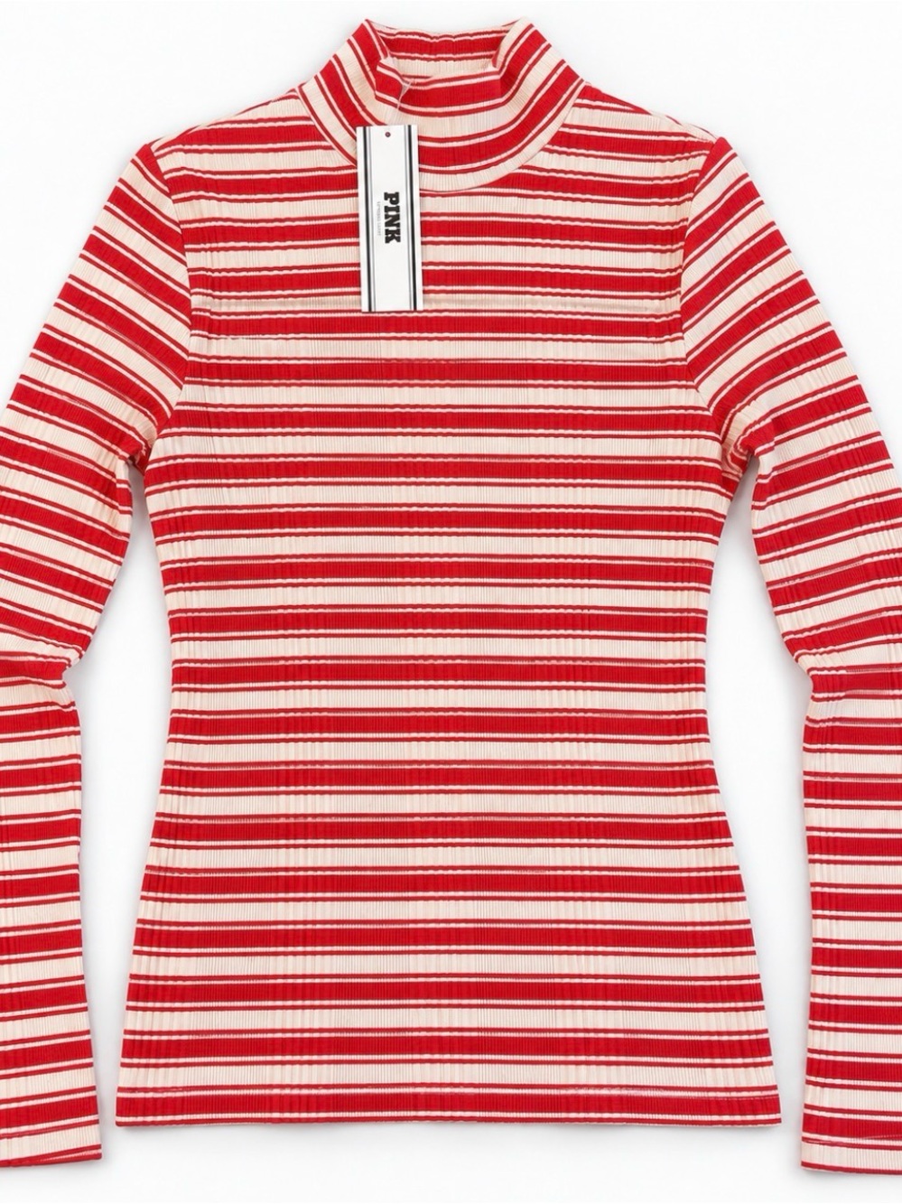 PINK Victoria's Secret Red & White Striped Ribbed Mock Neck Long Sleeve